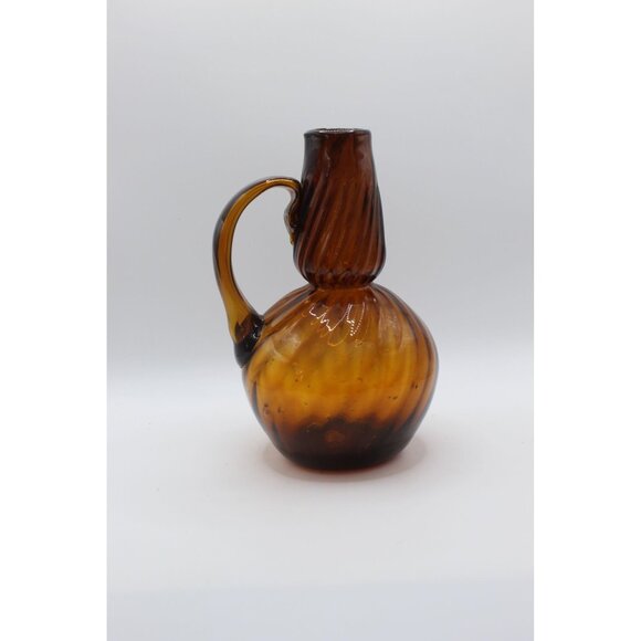 Hand Blown Amber Art Glass Pitcher | Ribbed Optic Body, Applied Handle | Mid-Cen - Picture 1 of 4